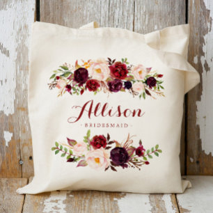Marsala Burgunder floral Brautjungfer Personalisie Tragetasche