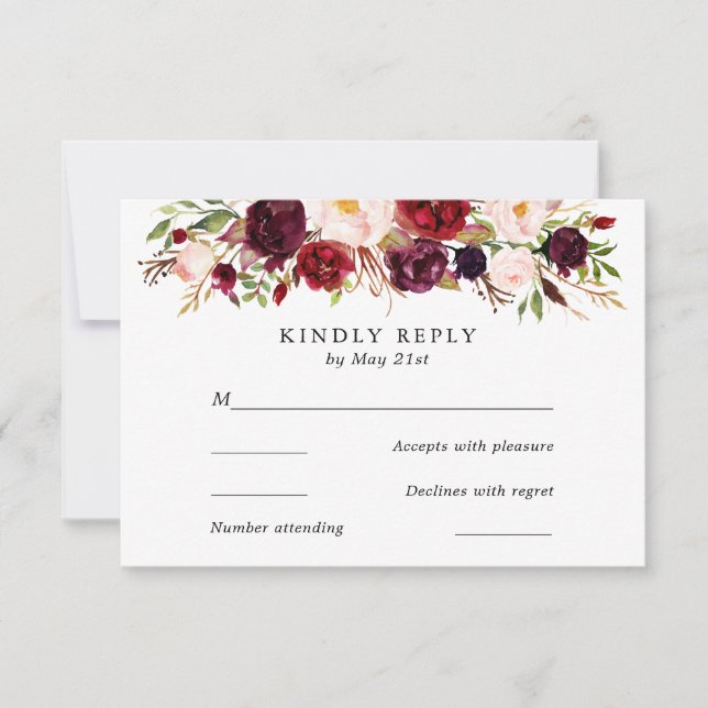 Marsala Burgundy Blume Wedding RSVP Card Karte (Vorderseite)