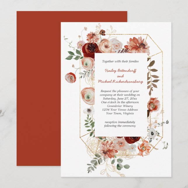 Marsala Burgundy Blush Fall Floral Wedding Einladung (Vorne/Hinten)