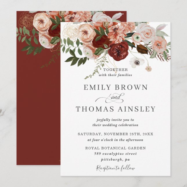 Marsala Burgundy Blush Orange Greenerenerity Weddi Einladung (Vorne/Hinten)