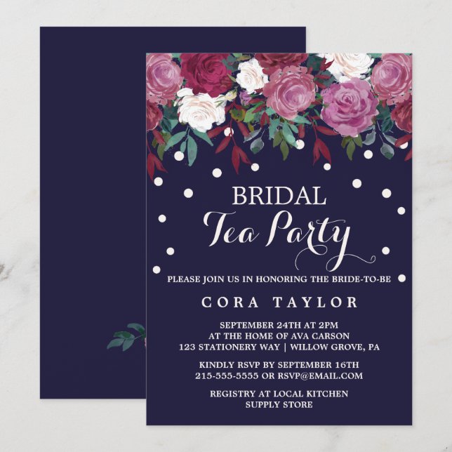 Marsala & Burgundy Floral am Bridal Tee Party der  Einladung (Vorne/Hinten)