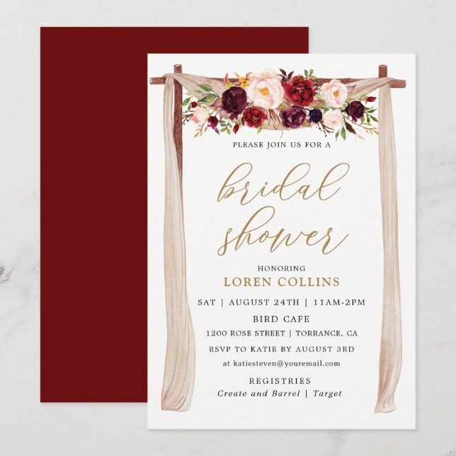 Marsala Burgundy Floral Arch Boho Brautparty Einladung (Vorne/Hinten)