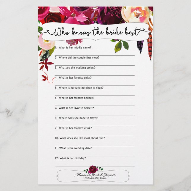 Marsala Burgundy Floral Brautparty Games (Vorderseite)