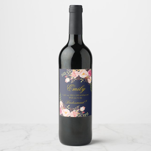 Marsala Burgundy Floral Bridesmaid Vorschlag-2 Weinetikett (Vorderseite)