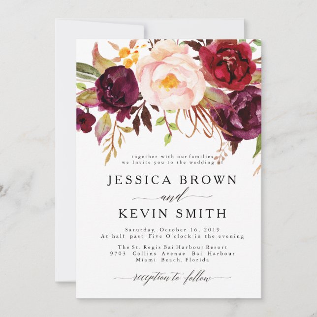 Marsala Burgundy Floral Faire-part de mariage (Devant)