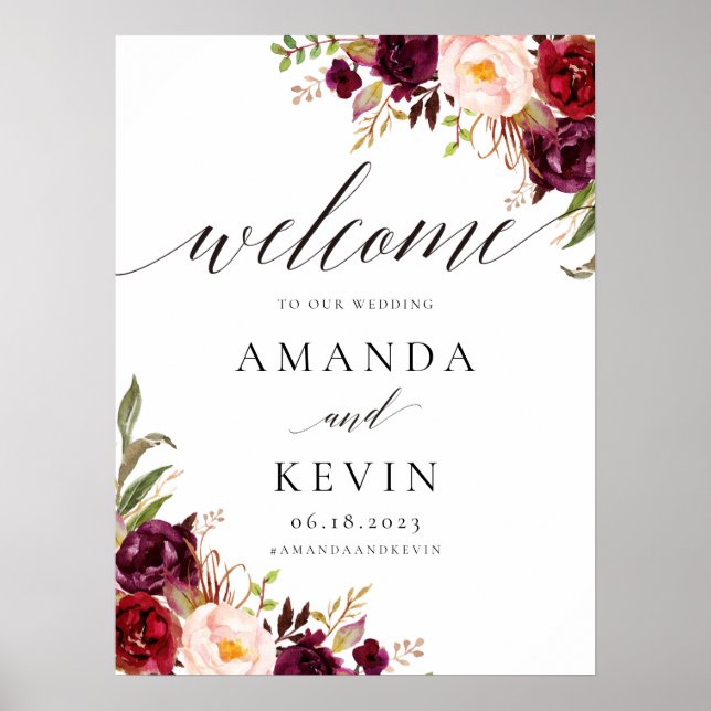 Marsala burgundy Floral Mariage Affiche de bienven (Devant)
