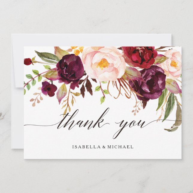 Marsala Burgundy Floral Wedding Vielen Dank Dankeskarte (Vorderseite)