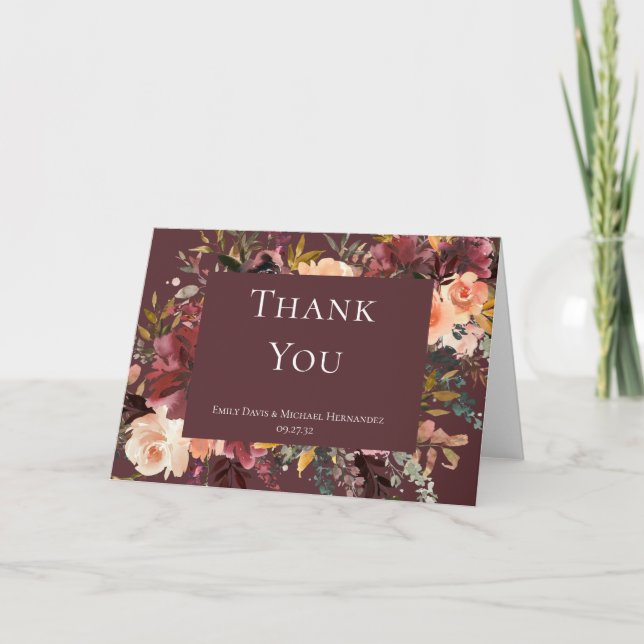 Marsala Burgundy Peach Watercolor Floral Dankeskarte (Vorderseite)
