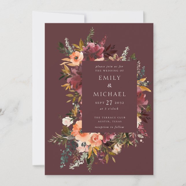 Marsala Burgundy Peach Watercolor Floral Einladung (Vorderseite)