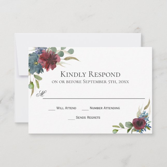 Marsala Burgundy Red and Blue Wedding RSVP Card (Vorderseite)