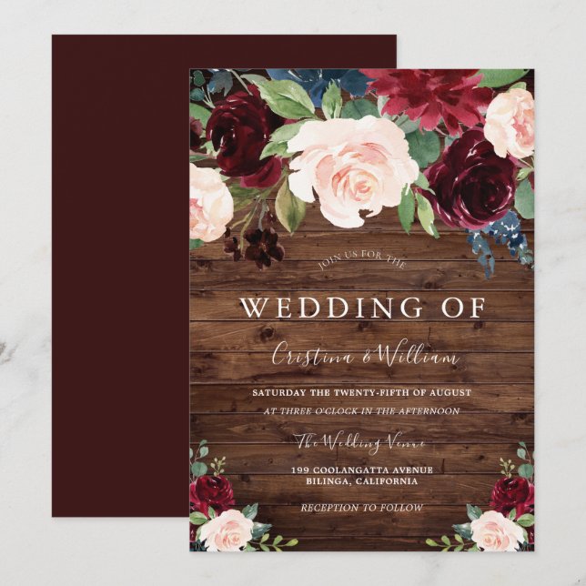 Marsala Burgundy Red & Blush Rustikale Hochzeit Einladung (Vorne/Hinten)