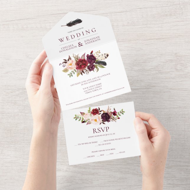 Marsala Burgundy Red Boho Floral | All In One Einladung (Abreißen)