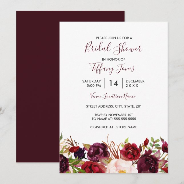 Marsala Burgundy Red Floral Brautparty Einladung (Vorne/Hinten)