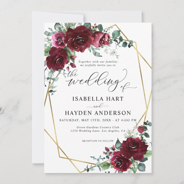 Marsala Burgundy Red Floral Gold Frame Wedding Einladung (Vorderseite)