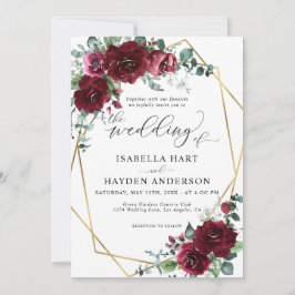 Marsala Burgundy Red Floral Gold Frame Wedding Einladung