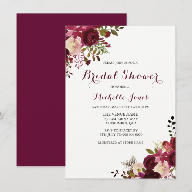 Marsala Burgundy Red Floral Spring Brautparty Einladung (Vorne/Hinten)