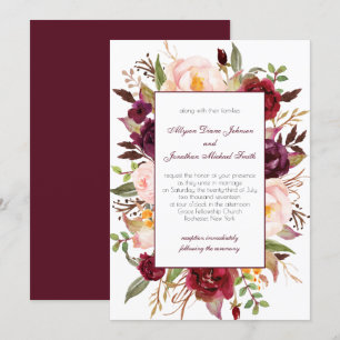 Marsala Burgundy Red White Roses Wedding Einladung