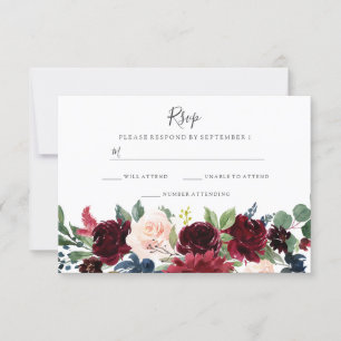 Marsala Burgundy Red Wine Floral Wedding RSVP Karte