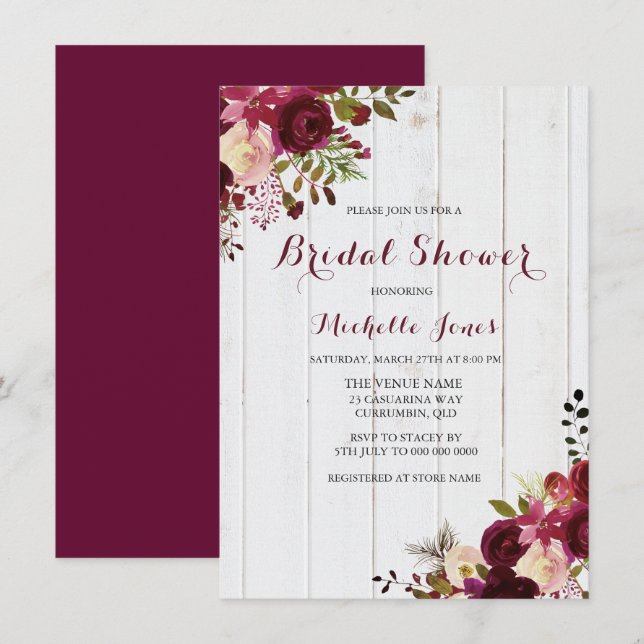 Marsala Burgundy Rote Flora Rustikales Brautparty Einladung (Vorne/Hinten)