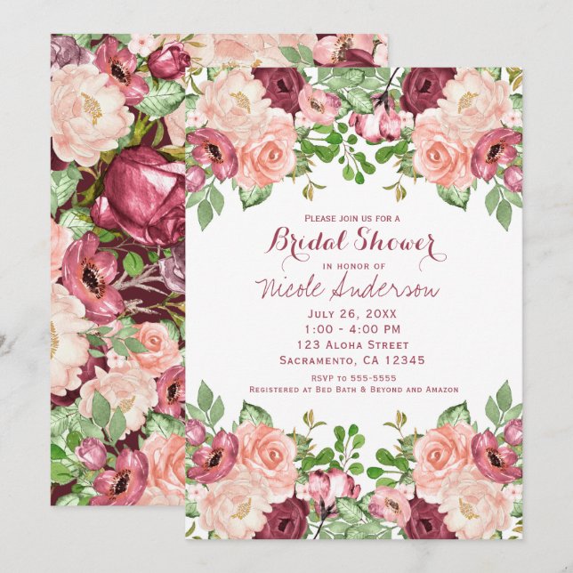 Marsala Burgundy Rustic Floral Glam Brautparty Einladung (Vorne/Hinten)