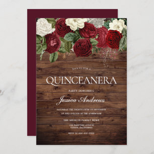 Marsala Burgundy Rustic Rote Rose Quinceanera Part Einladung