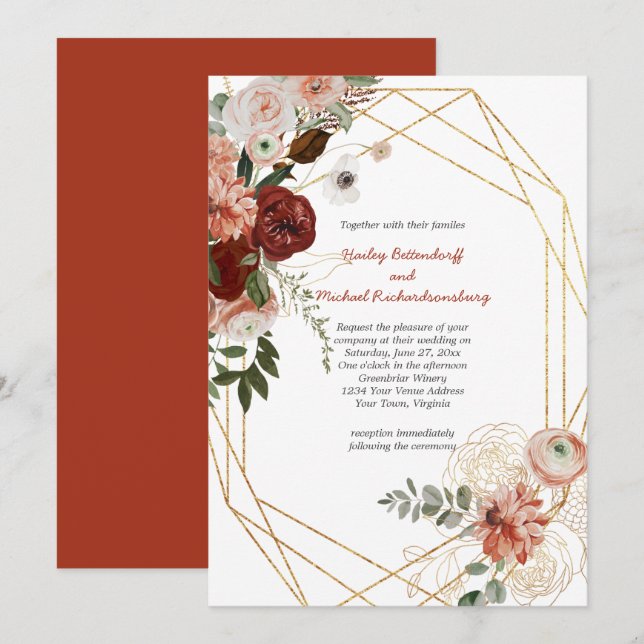 Marsala Burgundy Triple Gold Frame Floral Wedding Einladung (Vorne/Hinten)