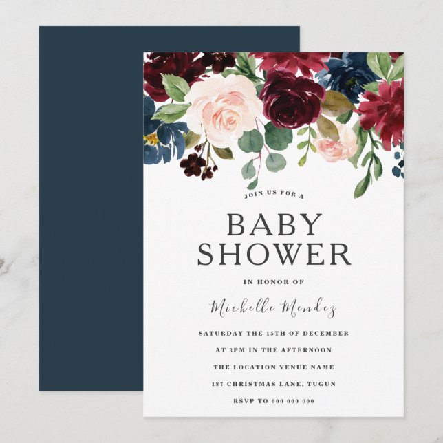 Marsala Burgundy Watercolor Blume Babydusche Einladung (Vorne/Hinten)