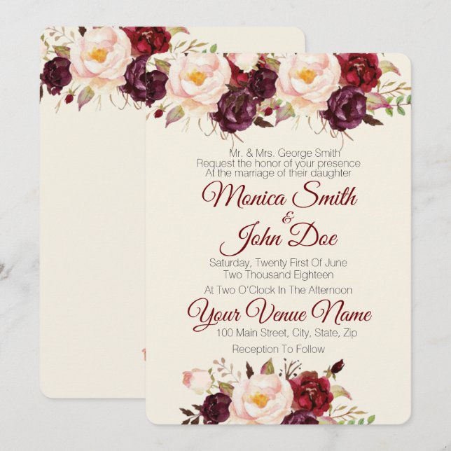 Marsala Burgundy Watercolor Einladung zur Hochzeit (Vorne/Hinten)