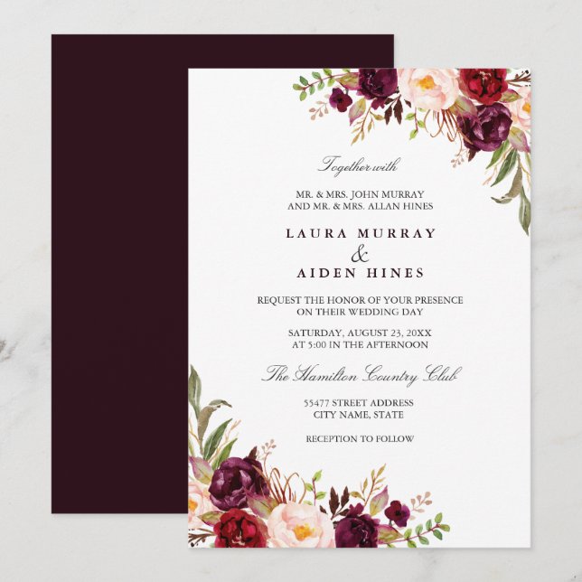 Marsala Burgundy Watercolor Floral Wedding Einladung (Vorne/Hinten)