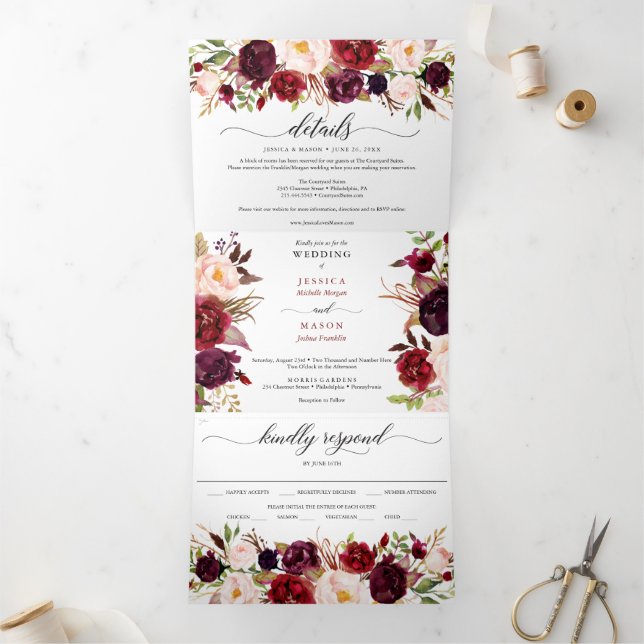 Marsala Burgundy Wedding Dreifach Einladungen (Innenseite)