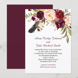 Marsala Burgundy White Roses Feathers Boho Wedding Einladung