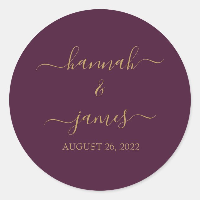 Marsala Burgundy Wine Gold Calligraphy Wedding Runder Aufkleber (Vorderseite)