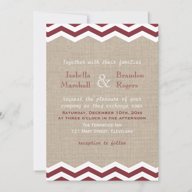 Marsala Chevrons sur Burlap Faire-part de mariage (Devant)