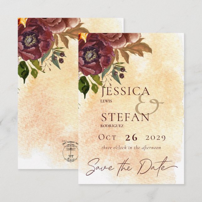 Marsala Clay & Yellow Bouquet Wedding Save The Date (Vorne/Hinten)