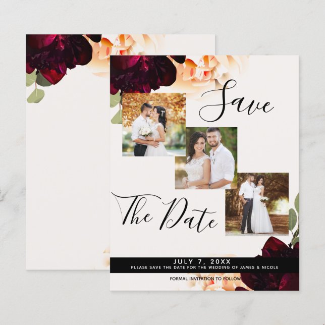 Marsala & Cream Floral Wedding Foto Save the Date (Vorne/Hinten)