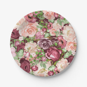 Marsala Dunkelrot Burgund Rustikal Blumen Pappteller