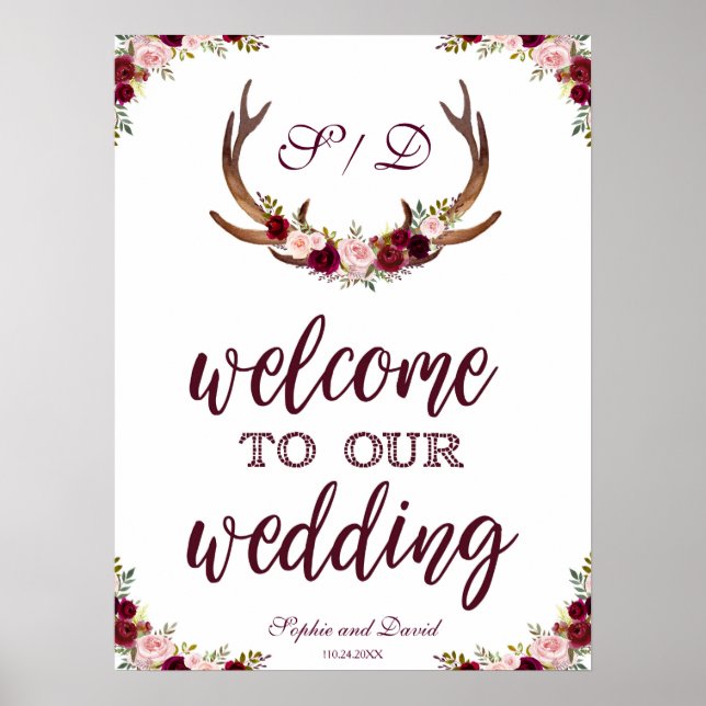 Marsala Floral Antlers Herzlich willkommen auf uns Poster (Vorne)