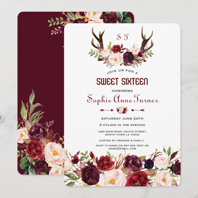Marsala Floral Antlers Monogram Sweet 16 Einladung (Vorne/Hinten)