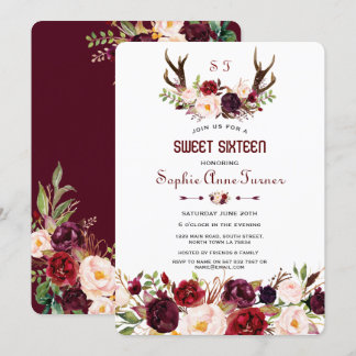 Marsala Floral Antlers Monogram Sweet 16 Einladung