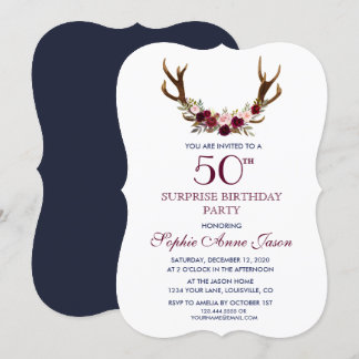 Marsala Floral Antlers Navy 50. Suraward Geburtsta Einladung