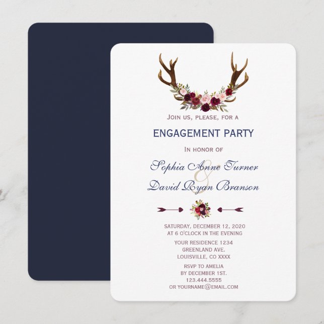 Marsala Floral Antlers Navy Blue Engagement Party Einladung (Vorne/Hinten)