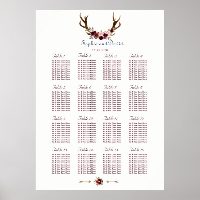 Marsala Floral Antlers Navy Blue Hochzeit im Herbs Poster (Vorne)