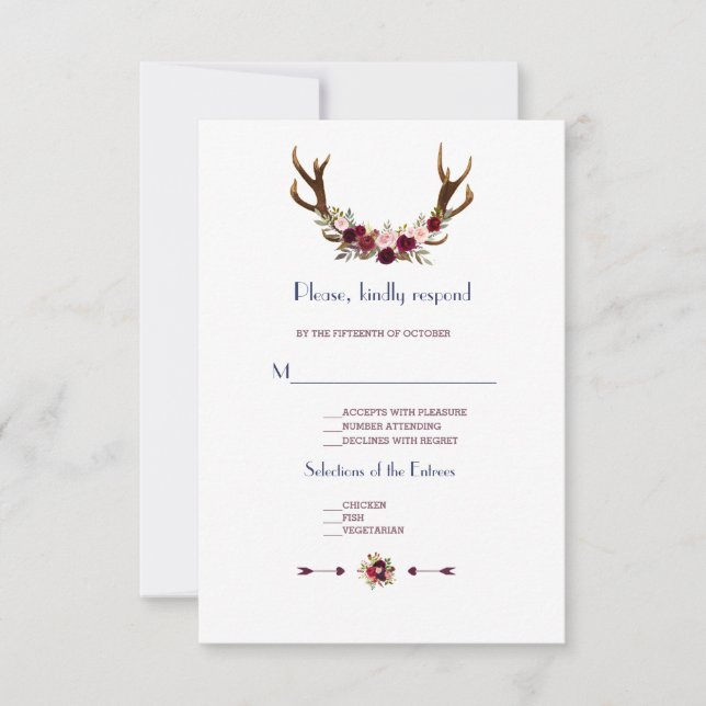 Marsala Floral Antlers Navy Blue Hochzeit im Herbs RSVP Karte (Vorderseite)