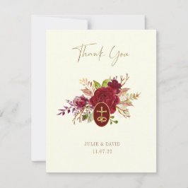 Marsala Floral Gold Crucifix Hochzeit Dankeskarte