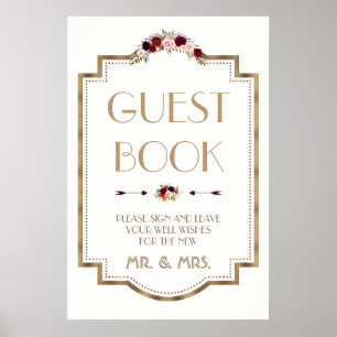 Marsala Floral Gold Hochzeit im Herbst Guest Book Poster