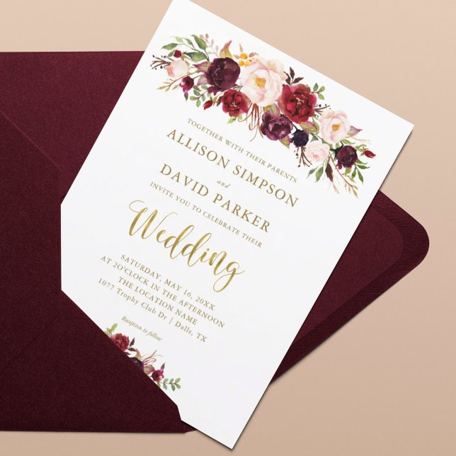 Marsala Floral Gold Hochzeitskarte von Marsala Einladung (Von Creator hochgeladen)
