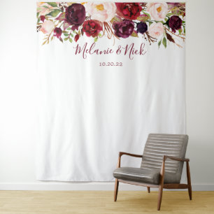 Marsala Floral Greenery Hochzeitsfotohintergrund Wandteppich