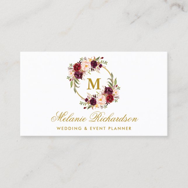 Marsala Floral Monogram Gold Visitenkarte (Vorderseite)