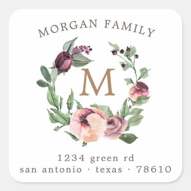 Marsala floral Monogramm Rücksendeadresse Quadratischer Aufkleber (Vorderseite)