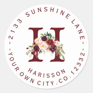 Marsala Floral Monogramme Étiquette de adresse cir